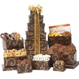Broadway Basketeers Towering Heights Kosher Gourmet Gift Tower with an Assortment of Chocolate, Snacks, Sweets, Cookies and Nuts