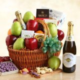 Fruit and Nuts Gift Basket with Cheese, Crackers, Sparkling Pear Cider and Chocolate Covered Cherries and Blueberries